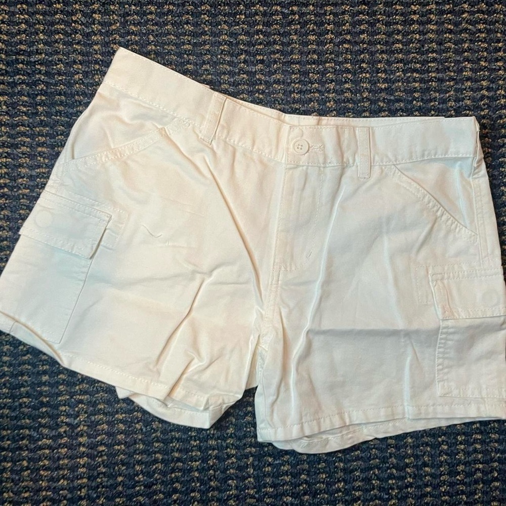John Galt Brandy Melville white cargo shorts with adjustable waist straps.